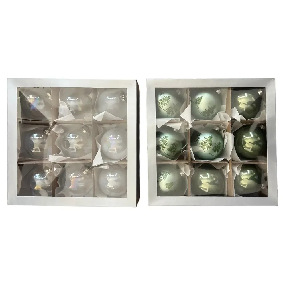 Set of 18 Glass Christmas Ball Ornaments Green Trees & Iridescent Holiday Decor